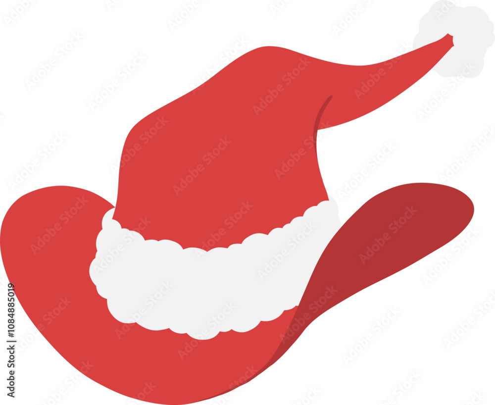 Red Christmas cowboy hat with Santa cap white fur trim and pom pom hand drawn flat design illustration Red Christmas cowboy hat with Santa cap white fur trim and pom pom hand drawn flat design illustration