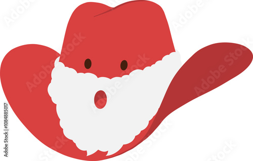 Red Christmas cowboy hat with Santa white fluffy beard, eyes and mouth hand drawn flat design illustration