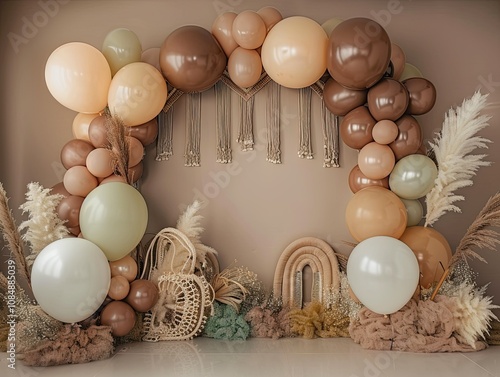 Elegant bohochic balloon arch with pampas grass and neutral tones, perfect for a celebration backdrop. photo