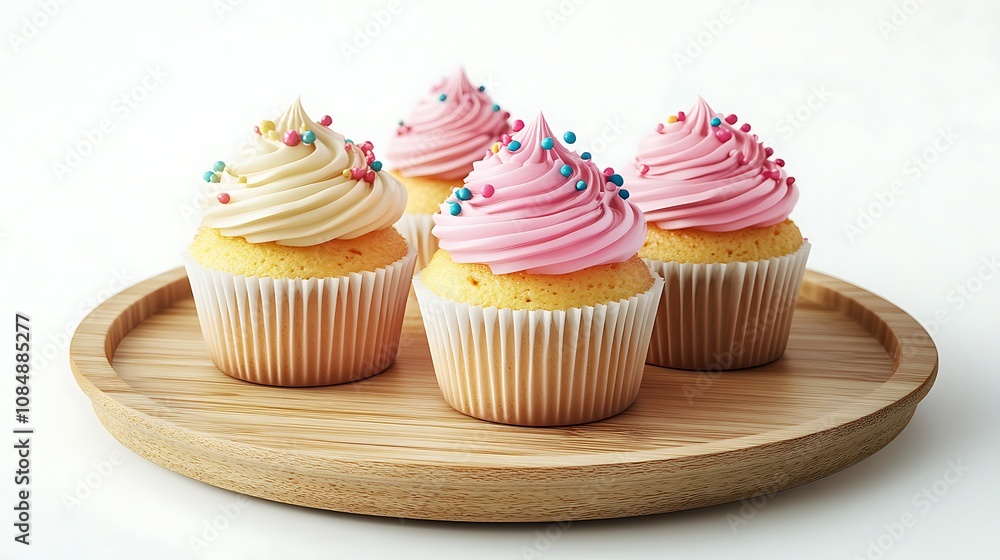 Cupcake with white cream and pink hearts on a wooden board Cupcake with white cream and pink hearts on a wooden board