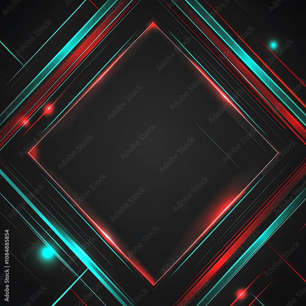Abstract dark background with glowing red and teal lines forming a diamond frame. Abstract dark background with glowing red and teal lines forming a diamond frame.