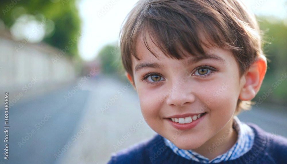 Portrait of a Joyful Young Boy with Brown Hair and Bright Smile on a Sunny Day Outdoors, Capturing Childhood Happiness and Innocence in Natural Light Portrait of a Joyful Young Boy with Brown Hair and Bright Smile on a Sunny Day Outdoors, Capturing Childhood Happiness and Innocence in Natural Light