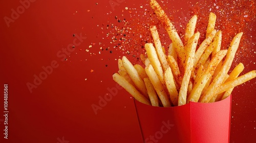 Dramatic freezeframe of spicy fries in midair vibrant red background food photography dynamic environment captivating viewpoint for visual impact photo