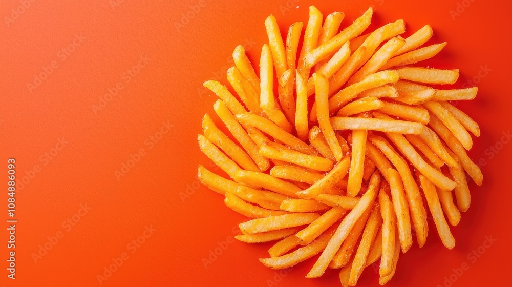 Artful arrangement of spiral fries on vibrant orange background food photography dynamic presentation contemporary style visual appeal culinary concept Artful arrangement of spiral fries on vibrant orange background food photography dynamic presentation contemporary style visual appeal culinary concept