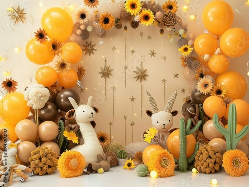 Adorable llama and goat plushies amidst sunflowers, balloons, and cacti in a pastel yellow and beige themed birthday setup. photo