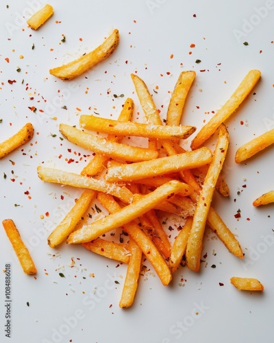 Captivating action of fries in mid-motion culinary delight minimalist white background dynamic composition surreal visual experience for food lovers photo