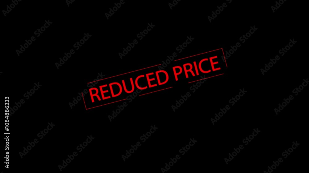Red rubber stamp transition with black alpha transparency backgrounds with the words reduced price being stamped onto the screen. Red rubber stamp transition with black alpha transparency backgrounds with the words reduced price being stamped onto the screen.