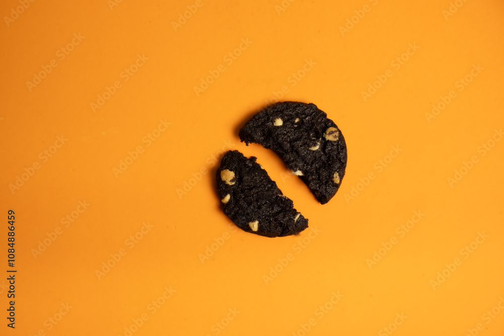 Naklejka premium Broken chocolate cookie on a colored background