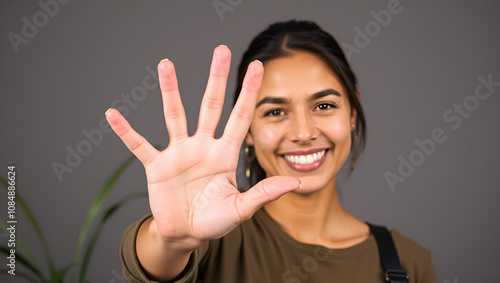 hispanic woman smiling and looking friendly, showing number ten or tenth with hand forward, counting down photo