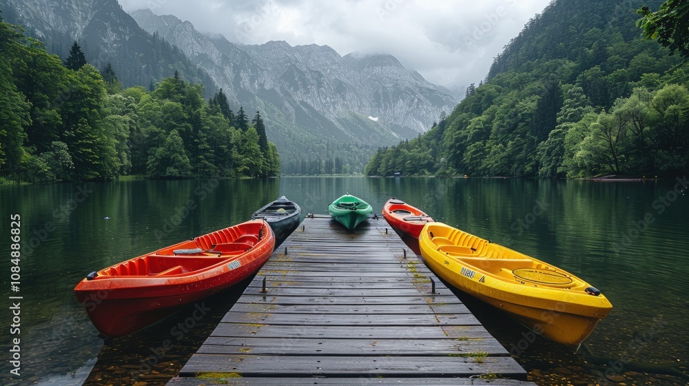 Kayaks on a Calm Lake Surrounded by Mountains Kayaks on a Calm Lake Surrounded by Mountains