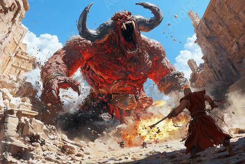 god and monster locked in combat amidst ancient ruins, with fiery intensity and dramatic tension. scene captures epic struggle between divine power and monstrous fury photo