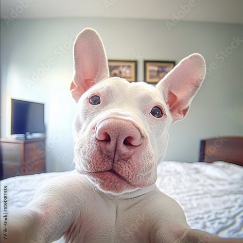 Bull Terrier takes a selfie photo