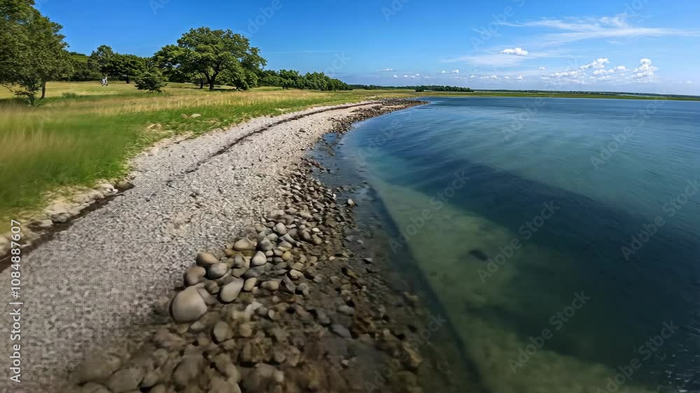 A picturesque coastal scene unfolds, showcasing a gently sloping beach composed of small and larger stones A picturesque coastal scene unfolds, showcasing a gently sloping beach composed of small and larger stones