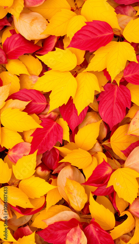 pattern of yellow leaves-red autumn leaves background. seasonal outdoor colorful wallpaper image of fallen petals, photo