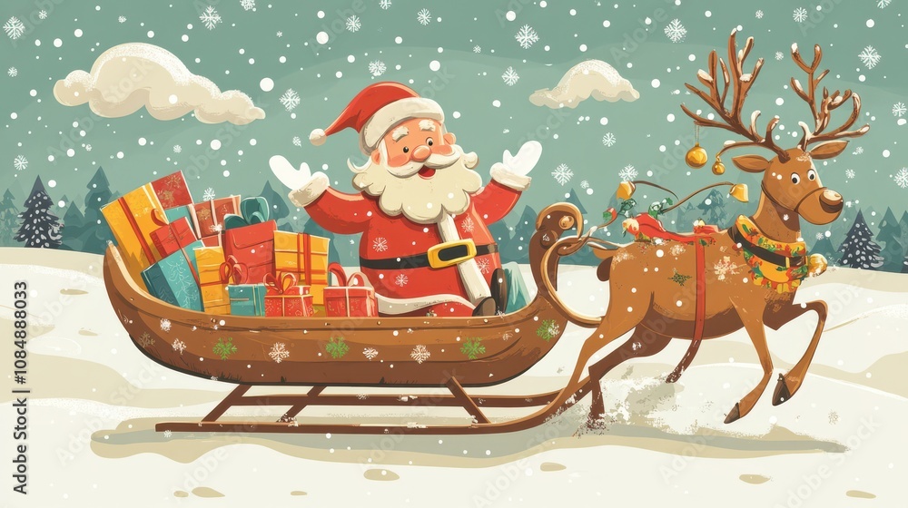 Fototapeta premium Cheerful Santa Riding with Reindeer in Winter Scene
