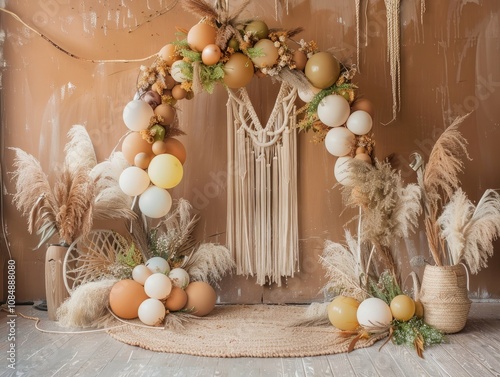 Bohemianstyle balloon arch with pampas grass and dried flowers, creating a rustic and elegant backdrop. photo