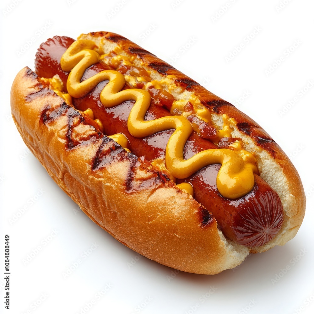 Classic hot dog with mustard topping, featuring a perfectly grilled sausage in a soft bun, isolated on a white background. Iconic fast food concept ideal for snacks, parties, and street food themes. Classic hot dog with mustard topping, featuring a perfectly grilled sausage in a soft bun, isolated on a white background. Iconic fast food concept ideal for snacks, parties, and street food themes.