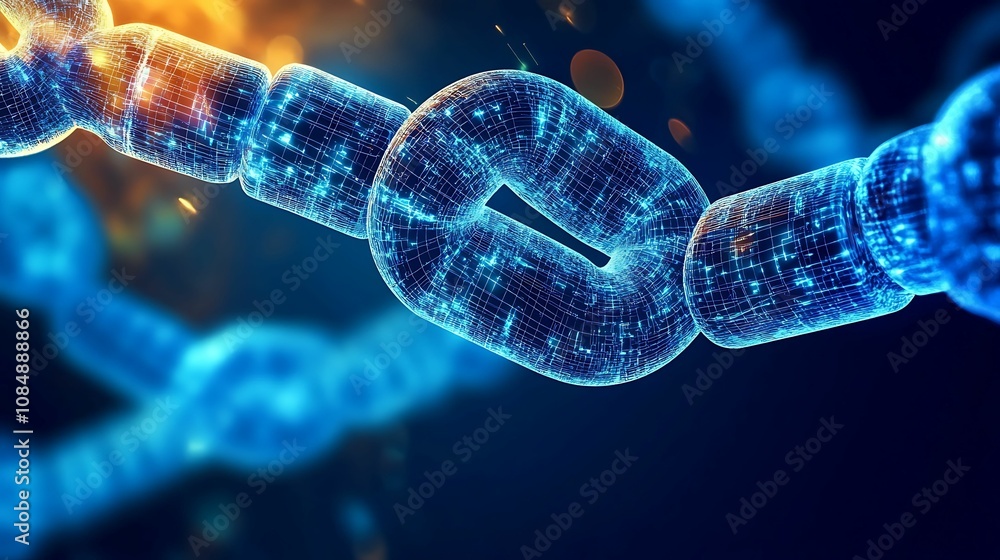 Healthcare Technology Blockchain. A close-up of a futuristic, digital chain-like structure, showcasing glowing particles and intricate details, symbolizing technology and connectivity. Healthcare Technology Blockchain. A close-up of a futuristic, digital chain-like structure, showcasing glowing particles and intricate details, symbolizing technology and connectivity.