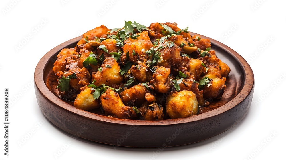 Fried potatoes with sauce and parsley on a round wooden plate Fried potatoes with sauce and parsley on a round wooden plate