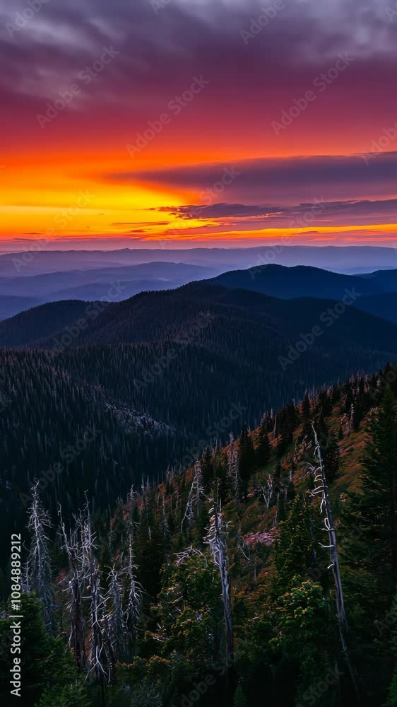 The image showcases a breathtaking sunset over a series of mountain ranges The image showcases a breathtaking sunset over a series of mountain ranges
