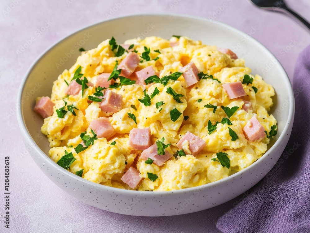 Savoring delicious scrambled eggs with diced ham and fresh herbs a flavorful culinary experience Savoring delicious scrambled eggs with diced ham and fresh herbs a flavorful culinary experience