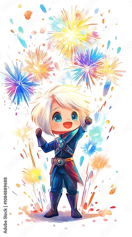 Charming Chibi Character Celebrating with Fireworks Charming Chibi Character Celebrating with Fireworks