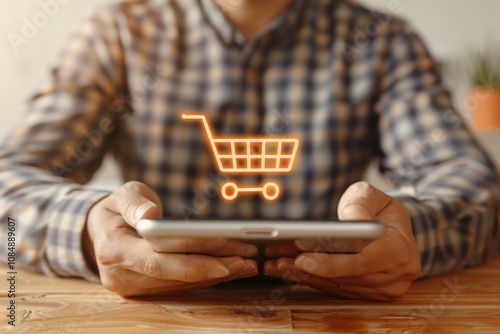 A man is holding a tablet with a shopping cart icon on it photo