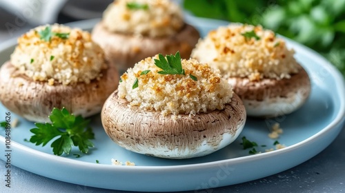 Savory stuffed mushrooms with garlic and herbs diverse asian cuisine gourmet food photography elegant kitchen setting close-up view culinary delight for food lovers