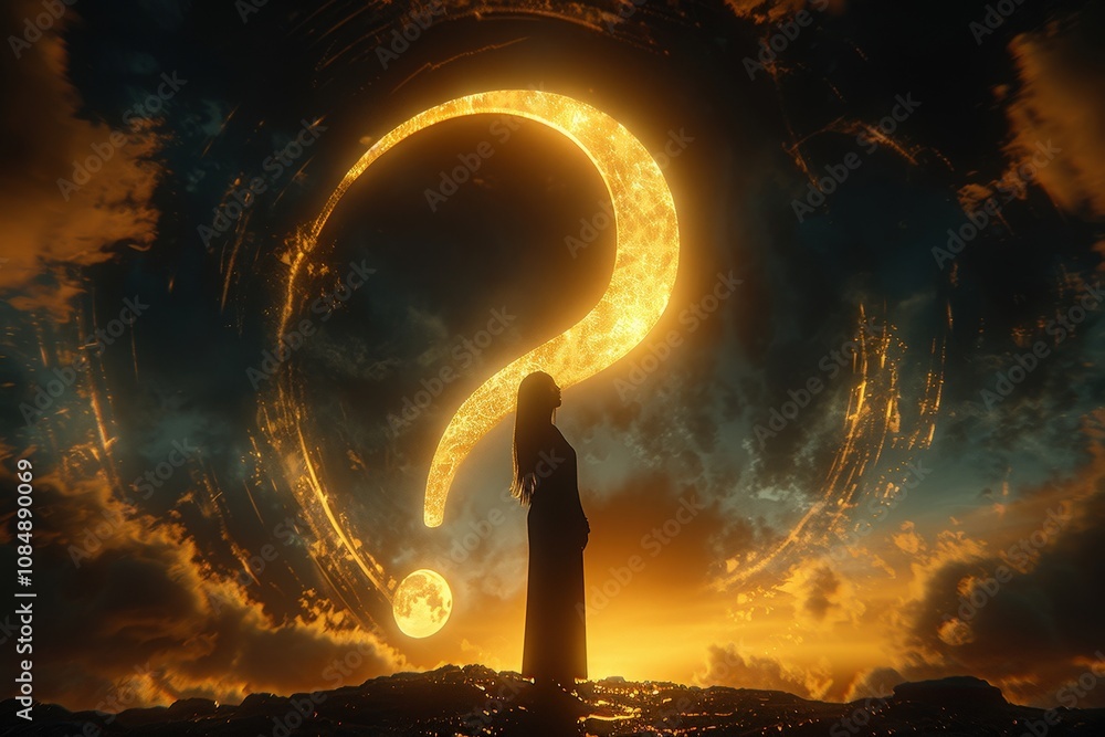 Fototapeta premium A woman stands in front of a large question mark