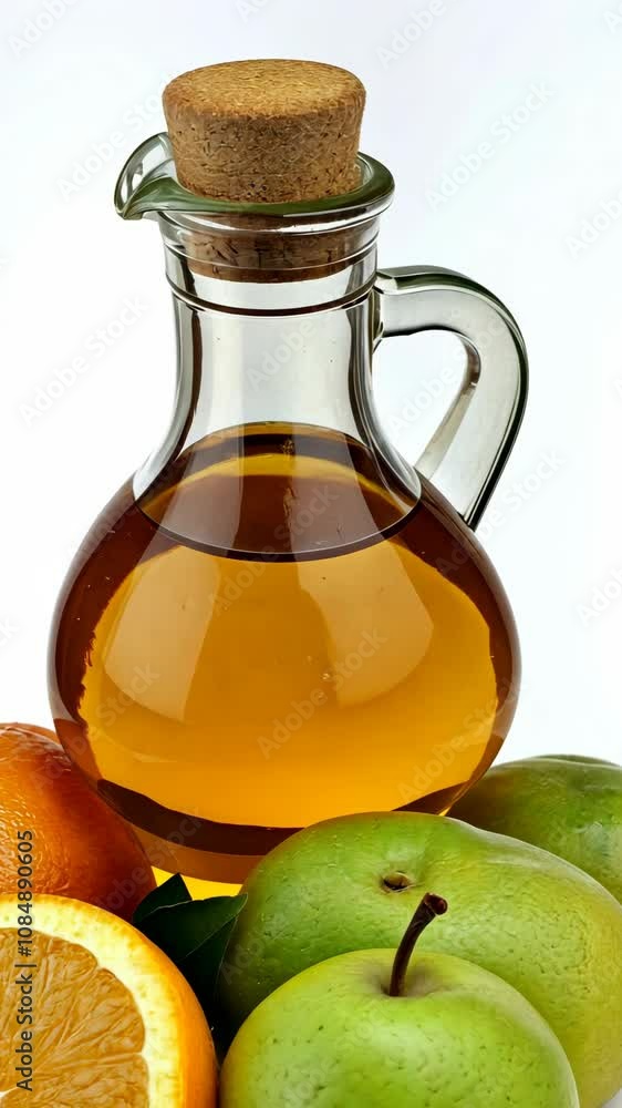 A clear glass decanter with a cork stopper is filled with a golden liquid, possibly oil or vinegar A clear glass decanter with a cork stopper is filled with a golden liquid, possibly oil or vinegar