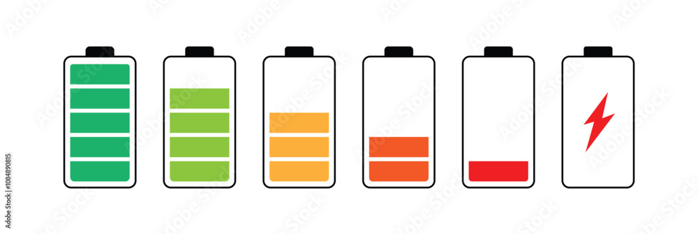 Battery icon set. recharge mobile battery status. fully charged, empty indicator. 10%, to 50% and 100% accumulator electric battery vector symbol. Battery icon set. recharge mobile battery status. fully charged, empty indicator. 10%, to 50% and 100% accumulator electric battery vector symbol.