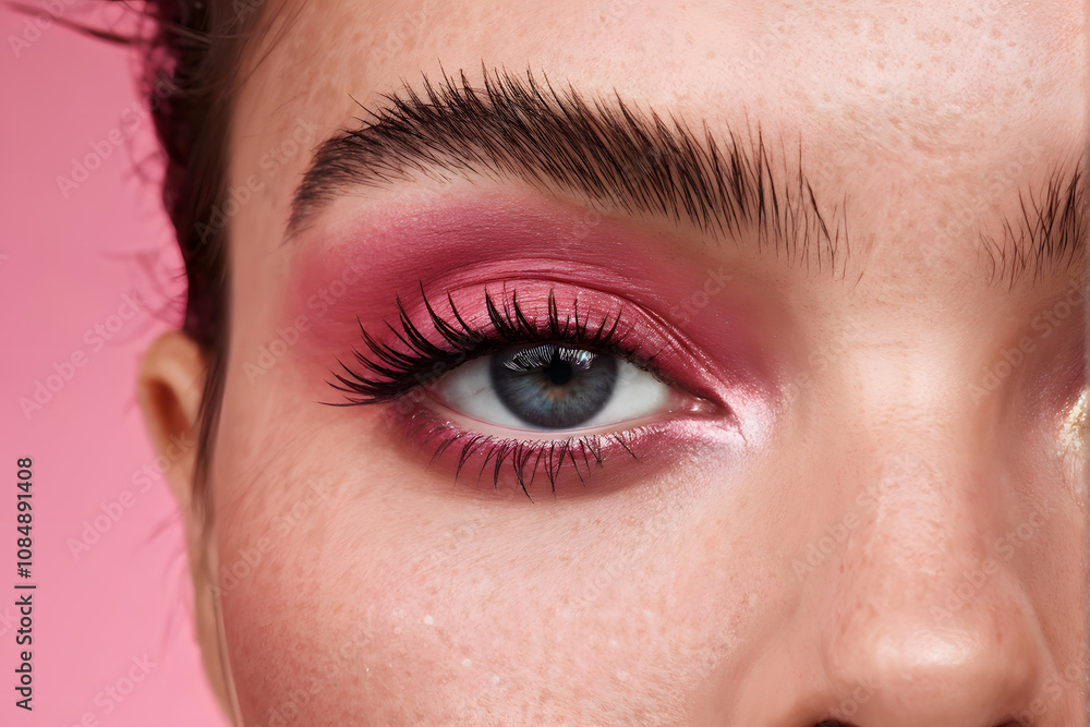 Obraz premium A woman with long lashes and blue eyes is wearing pink eye shadow