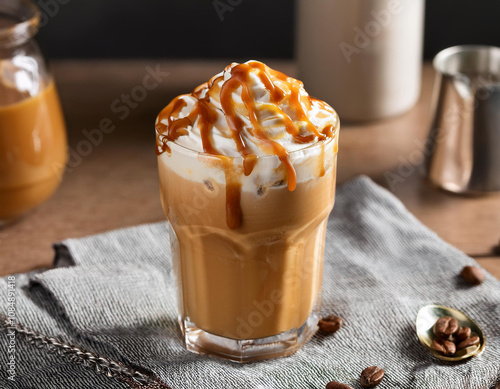 a glass of caramel frappuccino ice