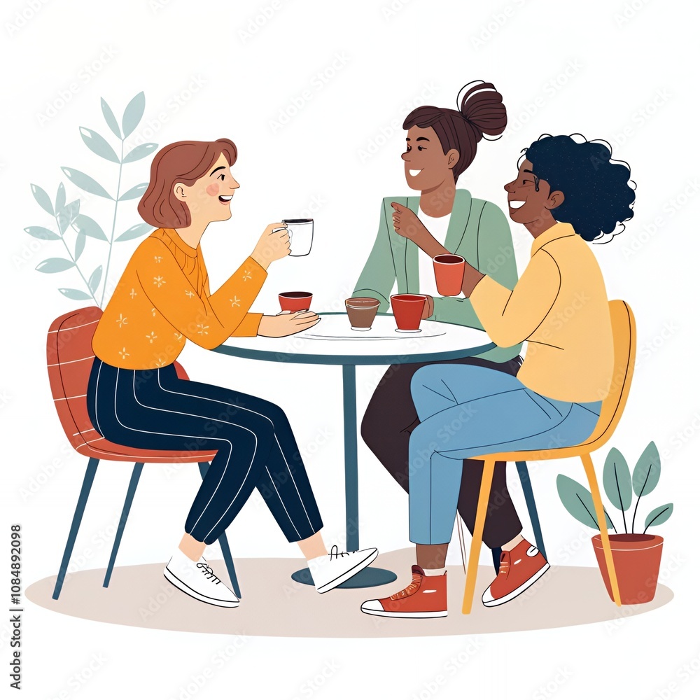 Friends talking at table, enjoying coffee and conversation