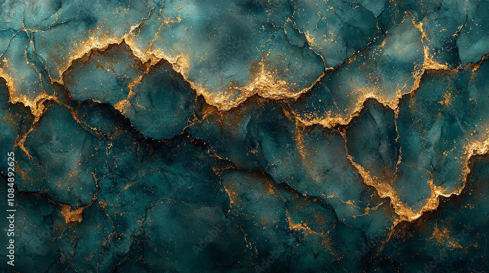 Abstract image featuring textured teal and gold patterns resembling cracked surfaces. Abstract image featuring textured teal and gold patterns resembling cracked surfaces.