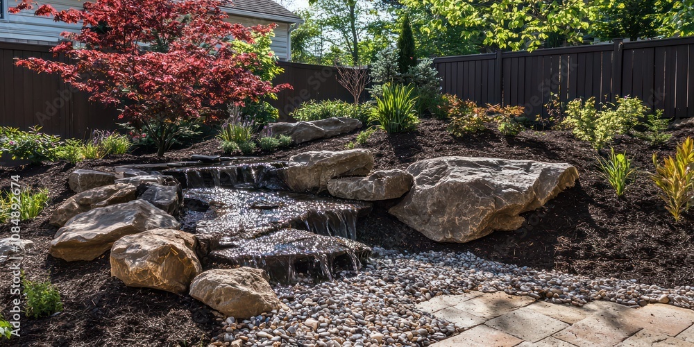 A completed landscape design project featuring beautiful outdoor gardens and features.