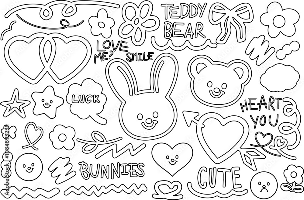 Cute outlines of bunny, teddy bear, ribbon, cake, flower, heart, star for cute patch, font, typography, animal, zoo, souvenir shop, cartoon, character, comic, kid colouring book, art, painting, easter Cute outlines of bunny, teddy bear, ribbon, cake, flower, heart, star for cute patch, font, typography, animal, zoo, souvenir shop, cartoon, character, comic, kid colouring book, art, painting, easter