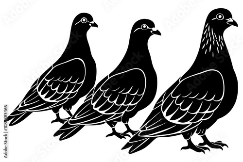 draw three pigeons sillouette  vector illustration white background