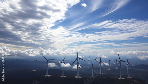 Expansive view of a wind turbines farm under dancing clouds, reflecting the eco-friendly energy mesmerizing Catalonia, Spain, and Tarragona photo