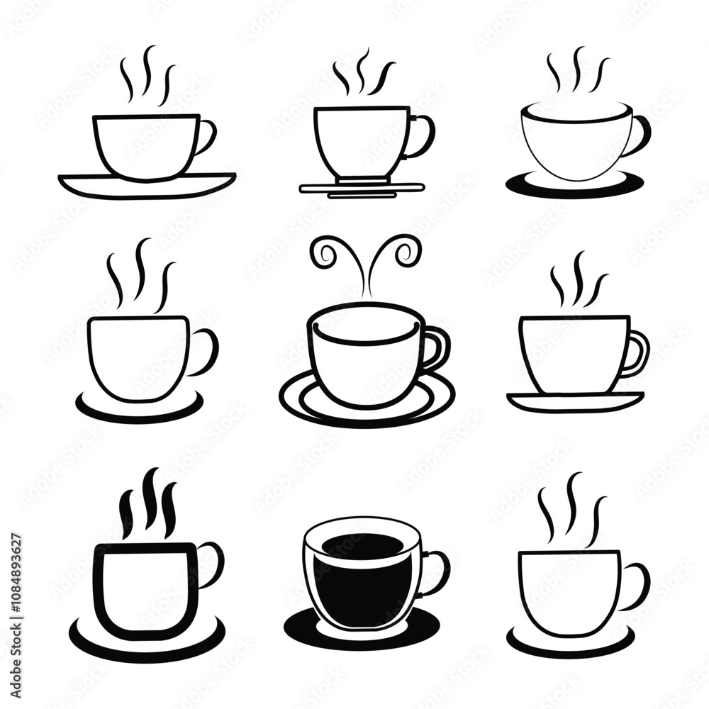 Cup of coffee icon vector isolated on white background. Coffee or tea cup icon set. Hot cup beverage vector icon set. Cup of coffee icon vector isolated on white background. Coffee or tea cup icon set. Hot cup beverage vector icon set.