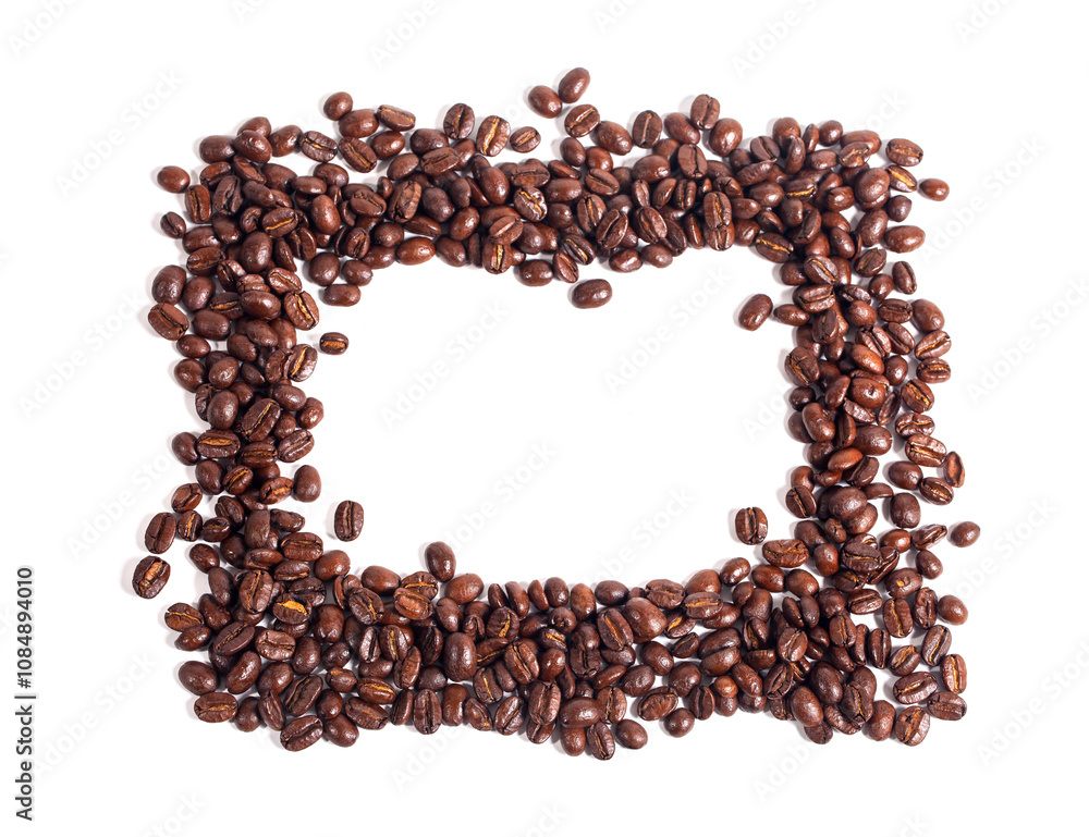 Roasted coffee beans, photographed close up to form a frame on a white background. For illustration, background and design. Roasted coffee beans, photographed close up to form a frame on a white background. For illustration, background and design.