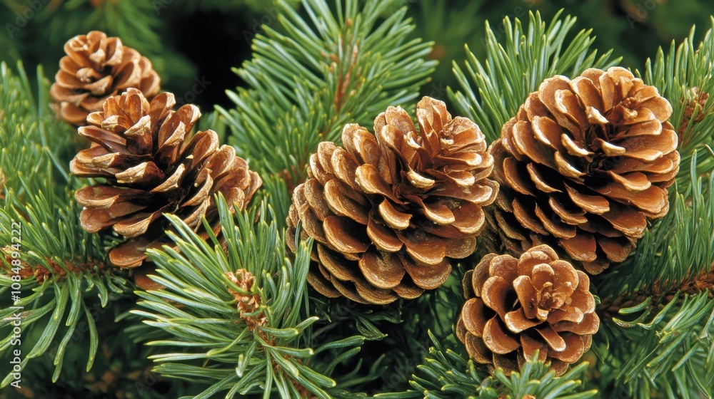 Close-up of pine cones on evergreen branches, with natural outdoor background; rustic and serene Close-up of pine cones on evergreen branches, with natural outdoor background; rustic and serene