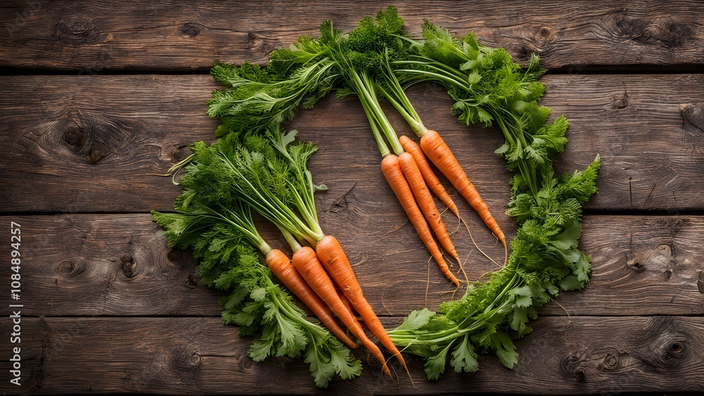 Circular border of carrots celery and dry leaves on a rustic wooden surface, Ai Generated Circular border of carrots celery and dry leaves on a rustic wooden surface, Ai Generated