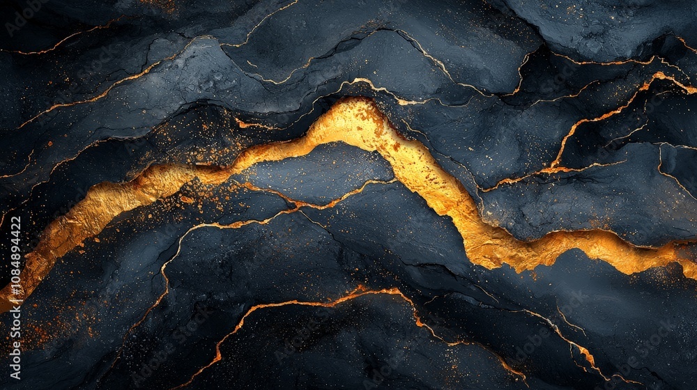 Abstract image of dark rocky textures with glowing golden veins. Abstract image of dark rocky textures with glowing golden veins.
