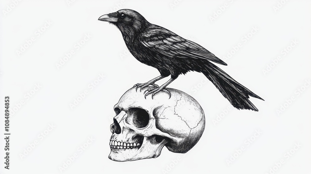 Naklejka premium Detailed crow illustration sitting on a skull, sketched in a modern minimalist style on white; edgy, artistic look