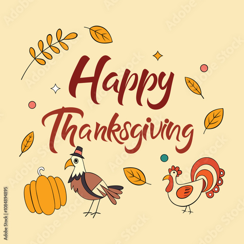 Happy Thanksgiving Day Vector Illustration with Turkey Bird, Pumpkin, Leaves and Many Others Elements Background.