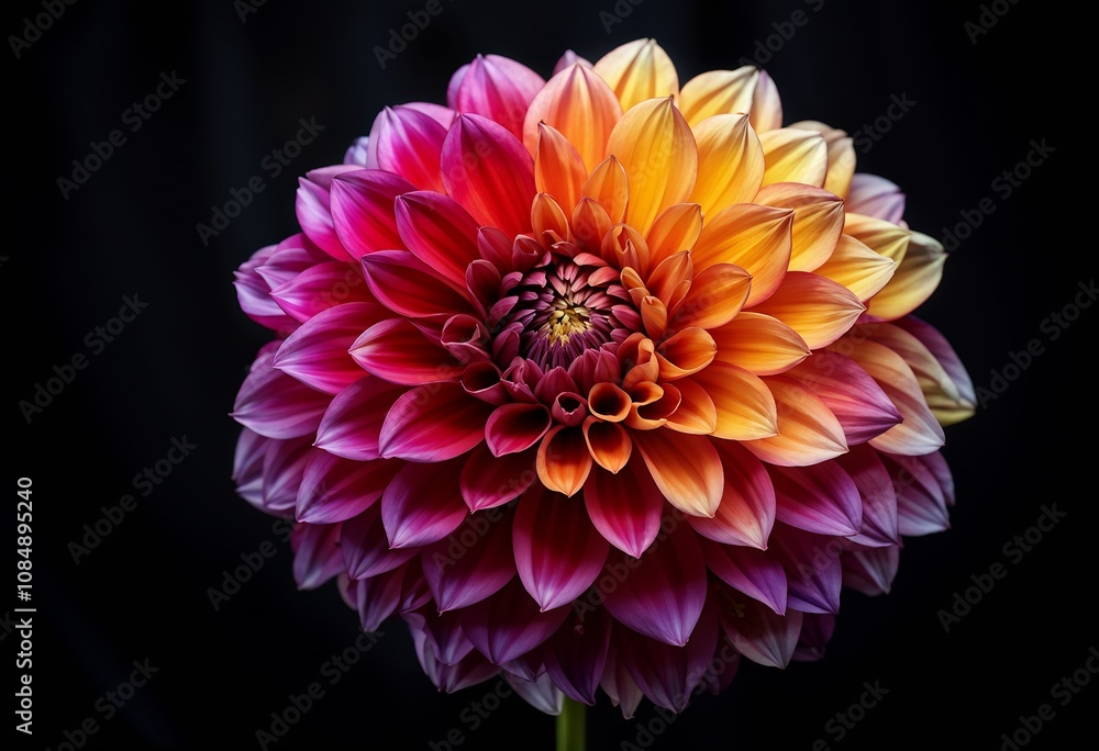 Vibrant multicolored dahlia flower with petals in a gradient of vivid hues Vibrant multicolored dahlia flower with petals in a gradient of vivid hues