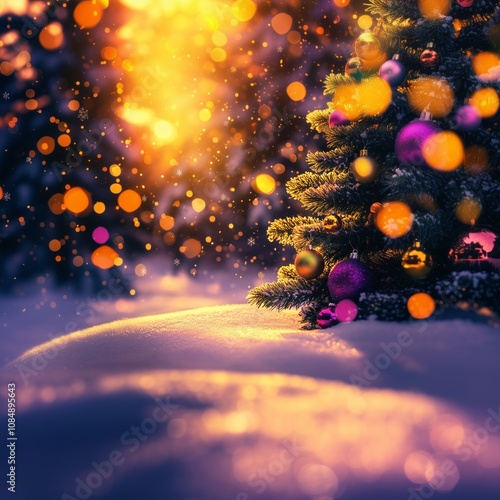 a small tiny christmas tree in a snowy forest, the light shines bright through the tree, nowflakes float gently through the air, winter air, sunlight, Golden bokeh - Generative AI photo