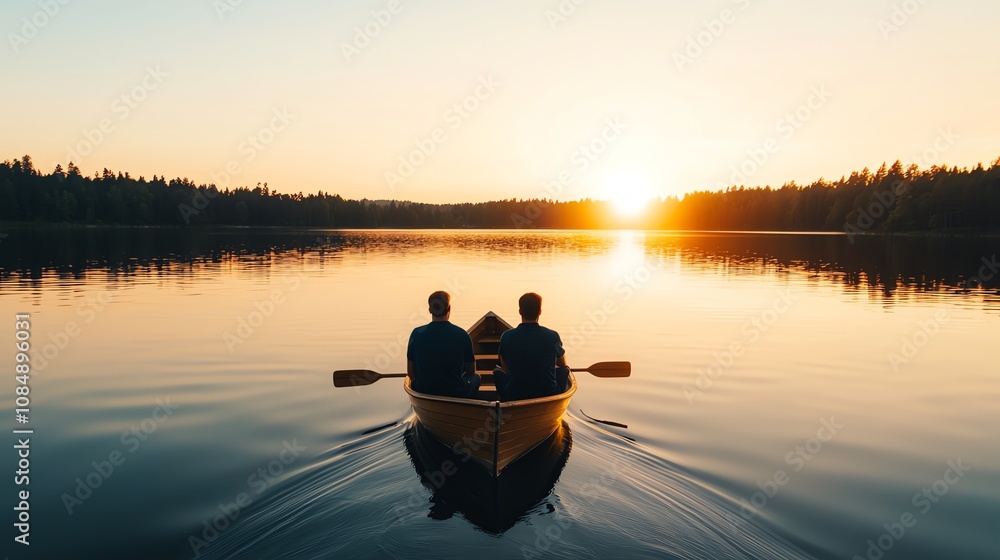 Couples enjoying a leisurely boat ride on a calm lake golden hour soft reflections wide view Couples enjoying a leisurely boat ride on a calm lake golden hour soft reflections wide view