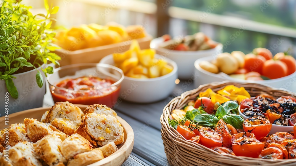 Sunday brunch on a rooftop terrace overlooking the city morning sun vibrant dishes closeup wide view Sunday brunch on a rooftop terrace overlooking the city morning sun vibrant dishes closeup wide view